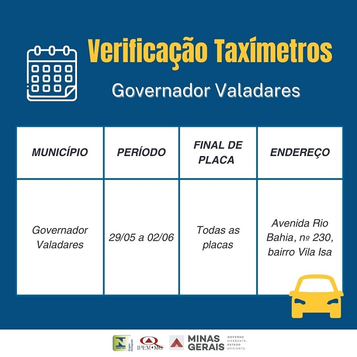 Verificação de taximetros em Governador Valadares