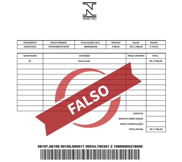 Boleto falso emitido em nome do Inmetro. Imagem: Divulgação/Ipem-MG